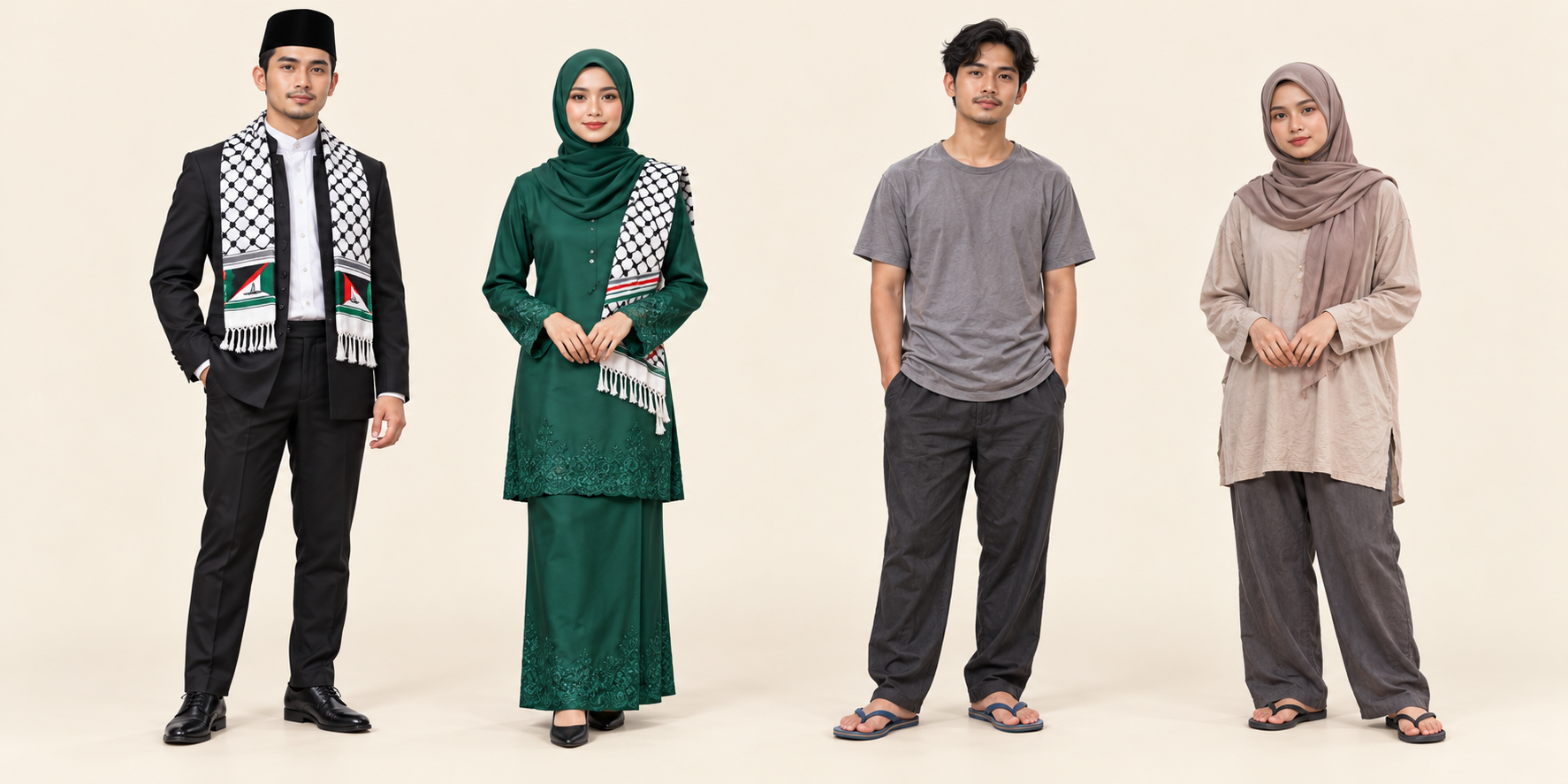 Perbandingan pakaian: dua model di kiri berpakaian kemas dengan kasut bertutup; dua model di kanan memakai pakaian terlalu kasual dan selipar yang perlu dielakkan.